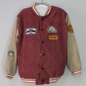 Corduroy Patchwork Embroidery Varsity Jacket Pink and Tan Size Medium